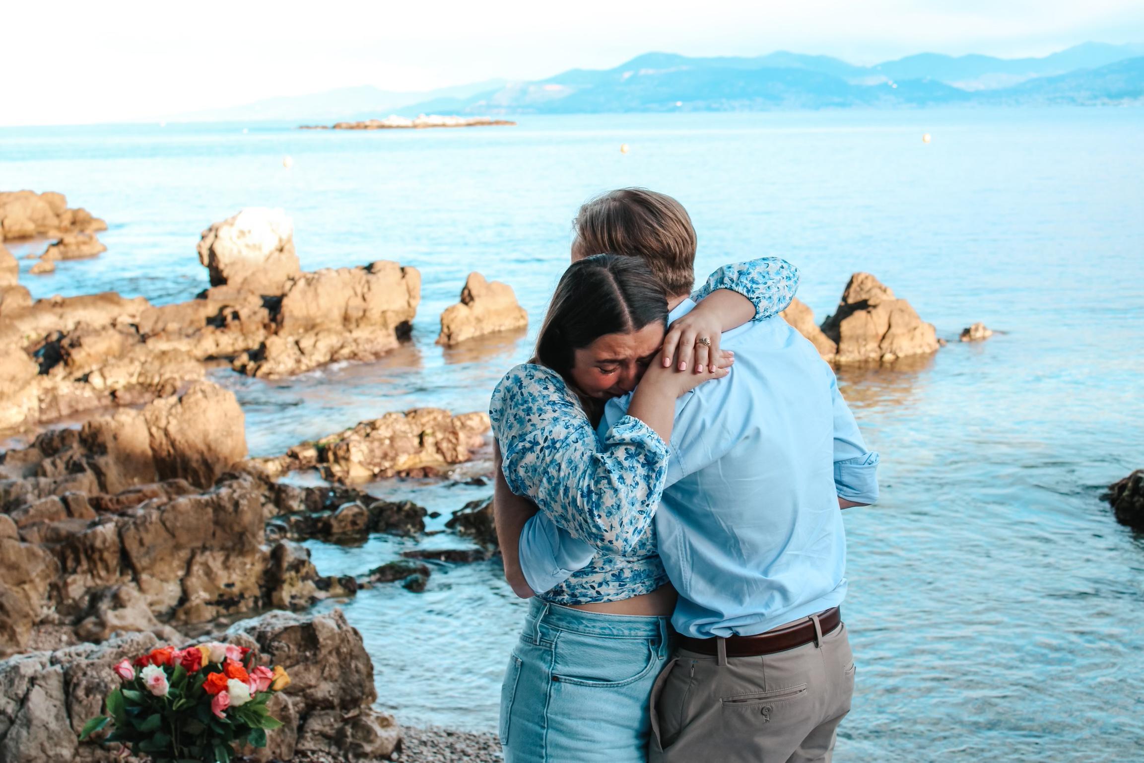 Couple hugging post-proposal